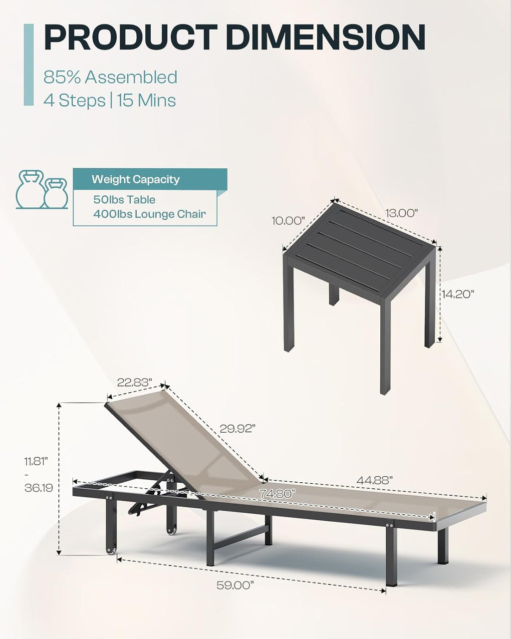 Chaise Lounge Outdoor, Aluminum Pool Lounge Chairs with Wheels, 5 Adjustable Backrest - Easy to Move- Outdoor Lounge Chairs for Deck, Beach, Poolside (Khaki)