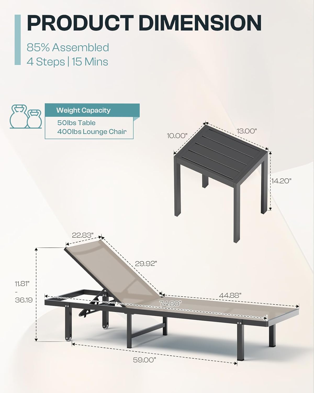 Chaise Lounge Outdoor, Aluminum Pool Lounge Chairs with Wheels, 5 Adjustable Backrest - Easy to Move- Outdoor Lounge Chairs for Deck, Beach, Poolside (Khaki)