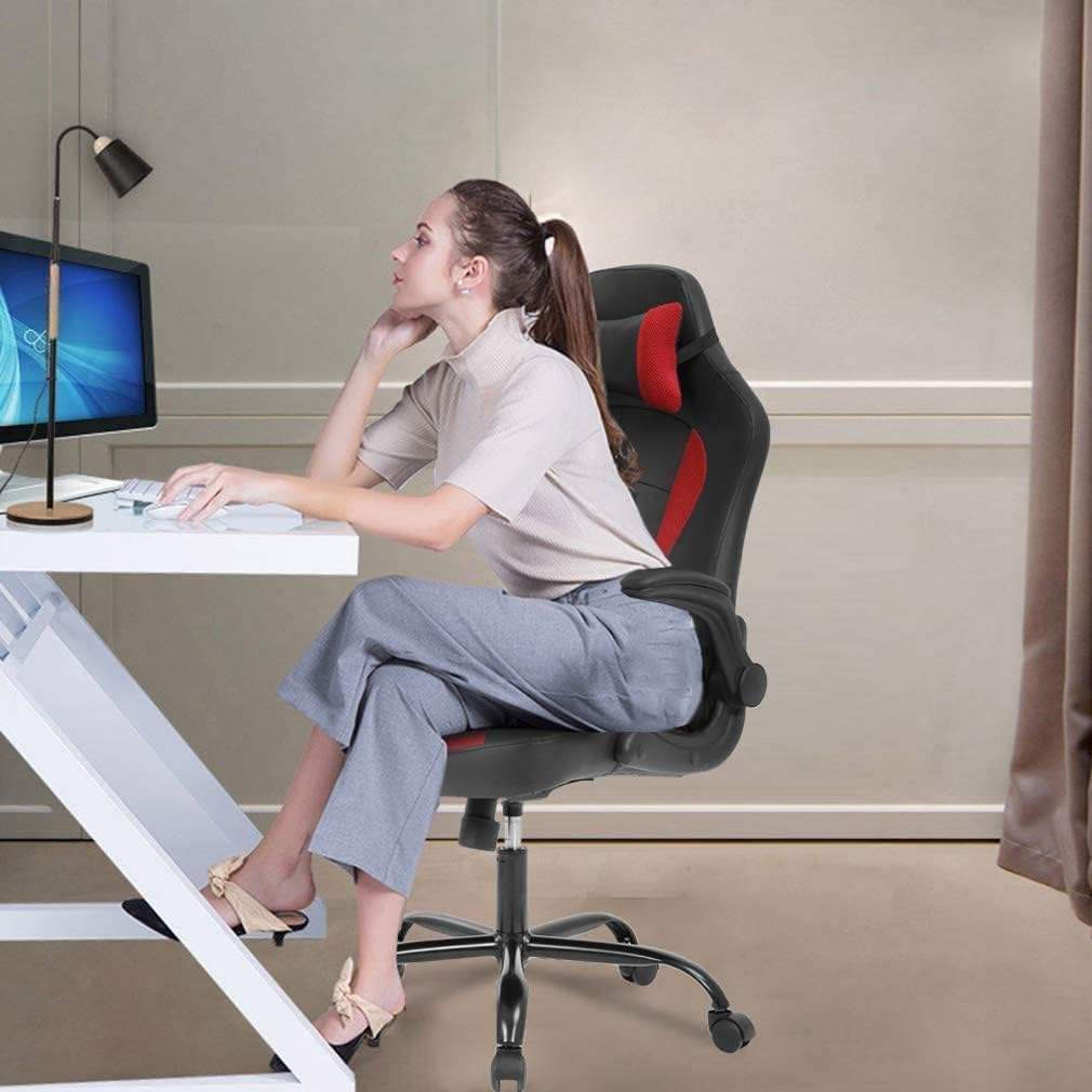 Gaming Desk Chair PC Gaming Chair Gamer Chair, Comftorable Ergonomic PU Leather Computer Office Chair with Lumbar Support Flip Up Arms, High Back Executive Gaming Stuff for Girl Kids Adults (Red)