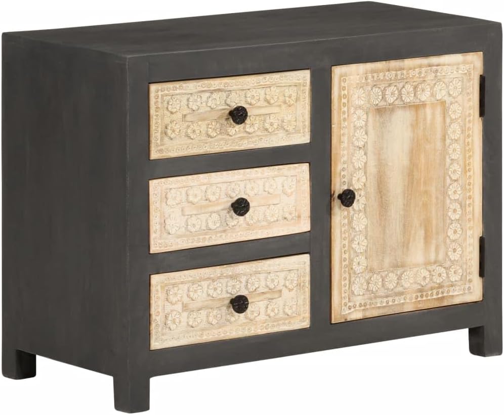 Modern Grey and White Sideboard with 4 Storage Compartments and 3 Soft-Close Drawers in Solid Mango Wood Rectangular Design for Dining Living Hallway Furniture Storage Cabinet