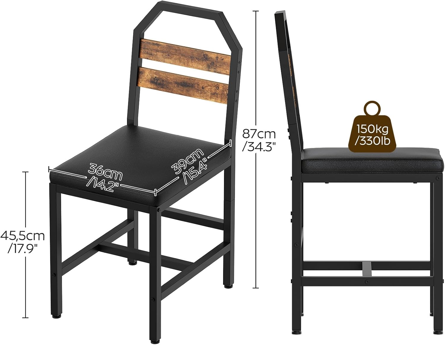 YATINEY Dining Chairs, Kitchen Chairs with Back Support, Upholstered Seat and Metal Legs, for Kitchen, Living Room, Rustic Brown and Black CY02L4BR