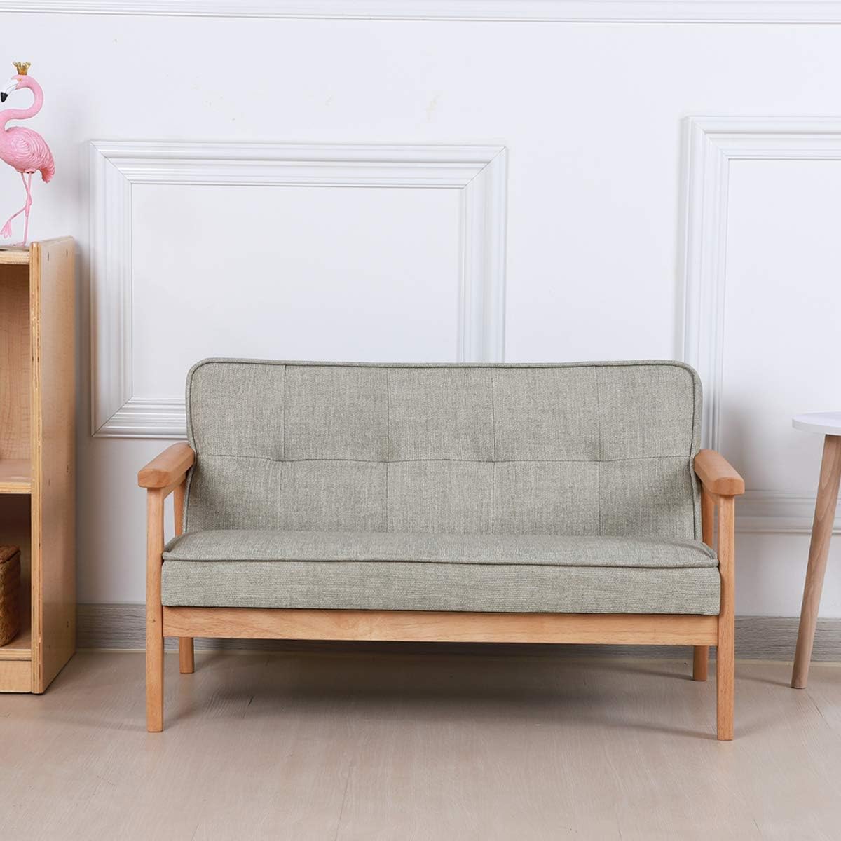 Double Seater Kid Sofa Chair, Kid Couch with Solid Wood Arm and Linen Pattern PVC for Kids Rest (Light Grey)