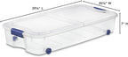 66 Quart Clear Plastic Underbed Storage Bin with Latching Lid and Wheels, Stackable Container, Blue