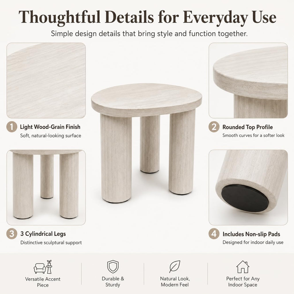 Small Round Side Table, Light Wood Grain End Table with 3 Cylindrical Legs, Modern Nightstand for Living Room, Bedroom, Sofa Side, Apartment