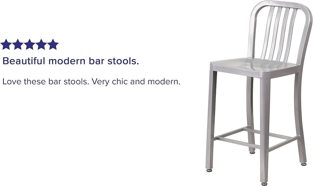 Flash Furniture Gael Commercial Grade 2 Pack 24" High Silver Metal Indoor-Outdoor Counter Height Stool with Vertical Slat Back