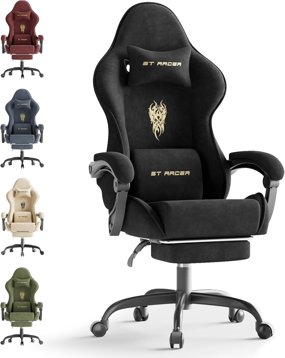 Gaming Chair with Footrest Massage Lumbar Cushion, Velvet Fabric Ergonomic Computer Office Chair, High Back Adjustable Recliner for Adults, Racing Style Video Gaming Chairs, for Home Streaming, Black