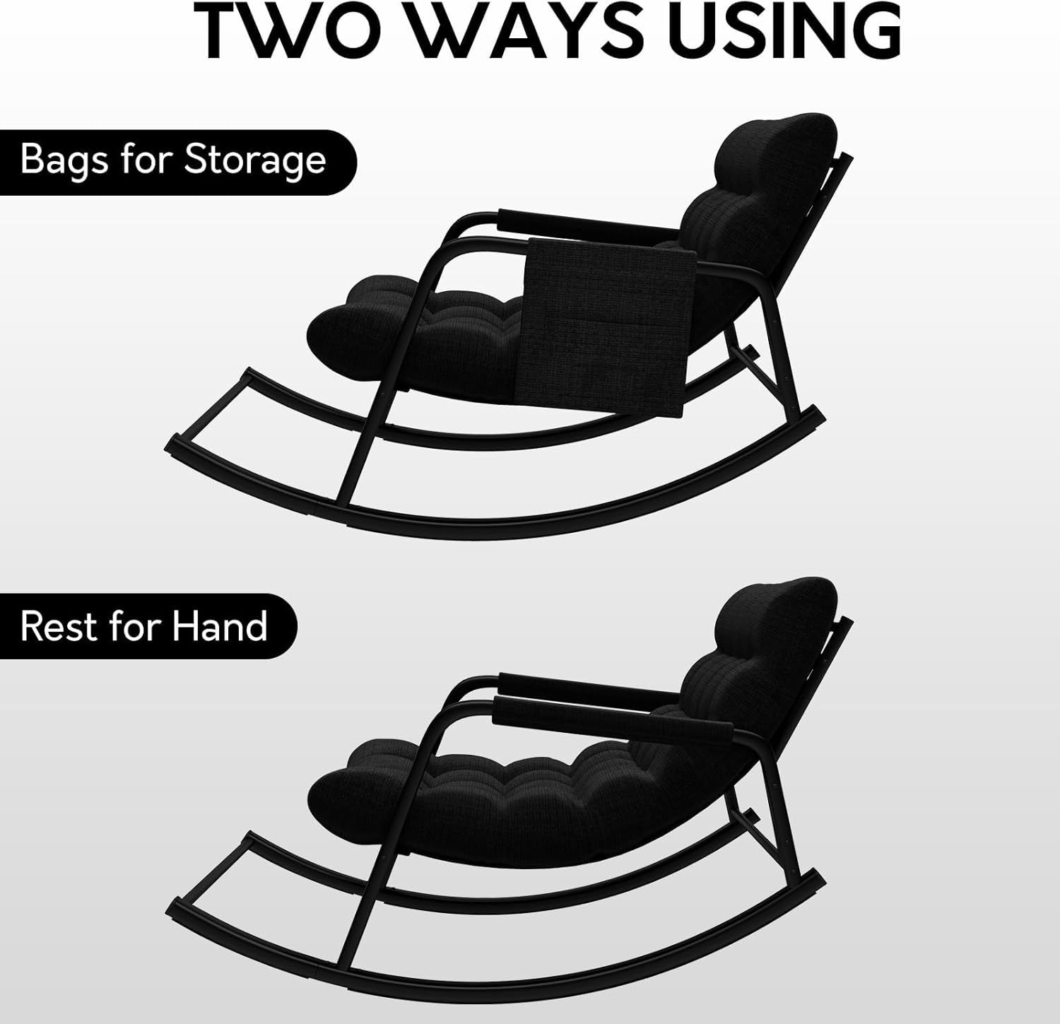 lavimiya Double Papasan Rocking Chair with Cushion, Patio Loveseat Rocker | Black, Thick tufted padding, 400 lbs capacity, side storage pocket, ideal for living room, porch, and garden