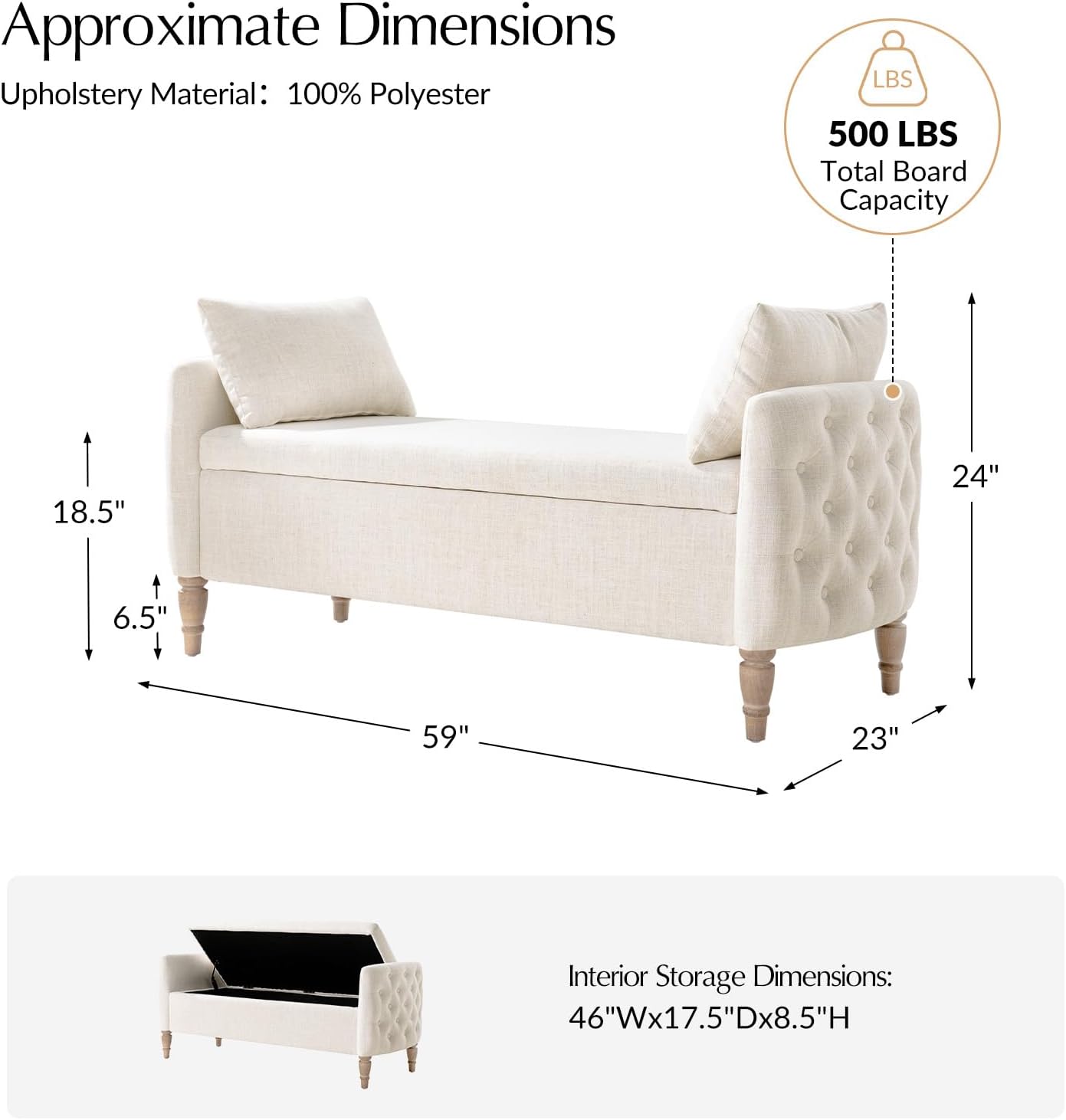 HULALA HOME Storage Bench for Bedroom with Throw Pillows, 59" Large Bedroom Ottoman Bench with Solid Wood Frame, Comfy Upholstered Footstool with Flip-top for Living Room, Entryway, Ivory