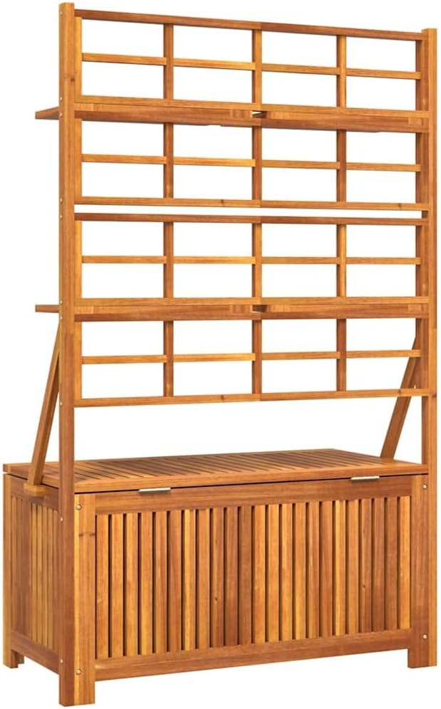 Brown Acacia Wood Outdoor Storage Box 39"x19.7"x63" with Trellis, Patio Bench for Tools/Cushions