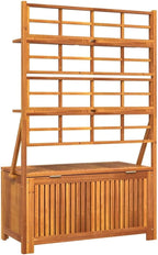 Brown Acacia Wood Outdoor Storage Box 39"x19.7"x63" with Trellis, Patio Bench for Tools/Cushions