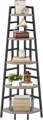 CHOEZON 70.1-Inch 5-Tier Tall Corner Shelf, Narrow Bookshelf for Small Spaces, Industrial Bookcase Display Stand for Living Room, Bedroom, Office, Greige TCJ25BG