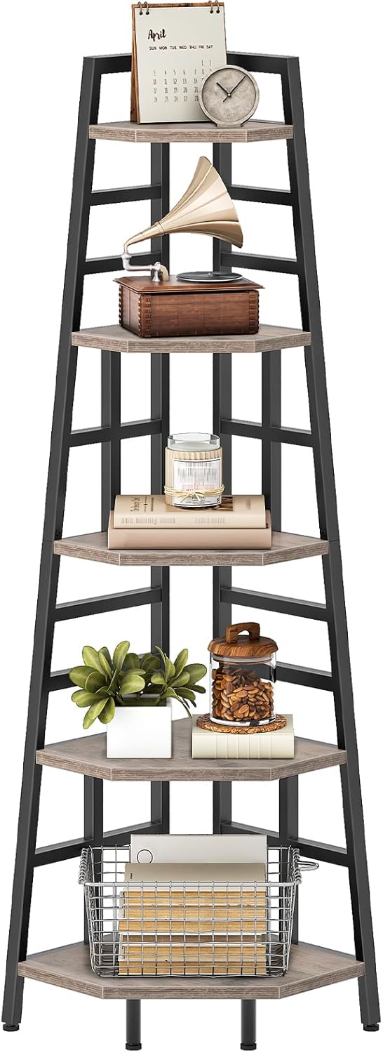 CHOEZON 70.1-Inch 5-Tier Tall Corner Shelf, Narrow Bookshelf for Small Spaces, Industrial Bookcase Display Stand for Living Room, Bedroom, Office, Greige TCJ25BG