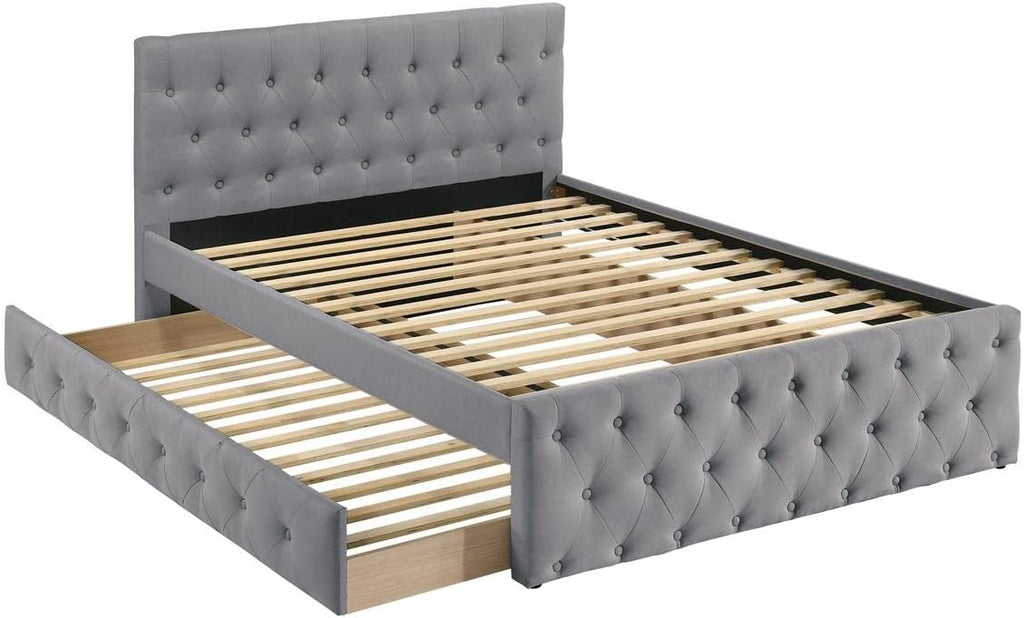Contemporary Twin Size Bed w, Trundle Slats Light Grey Burlap Upholstered Button Tufted Headboard Footboard Youth Bedroom Furniture Wooden Slats 1pc Bed