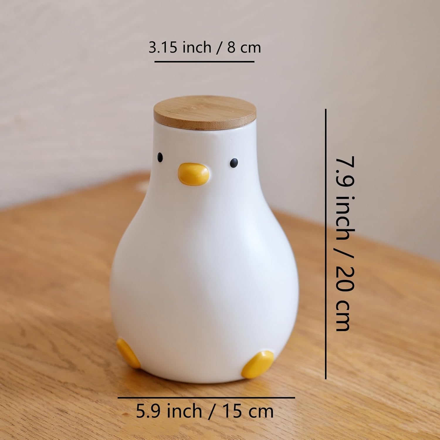 PURROOM Cute Duck 8" Vase, 58 oz Storage Canisters Jar with Wooden Lid for Kitchen Counter Decor, White Ceramic Modern Flower Vase for Home Office Shelf Decoration.