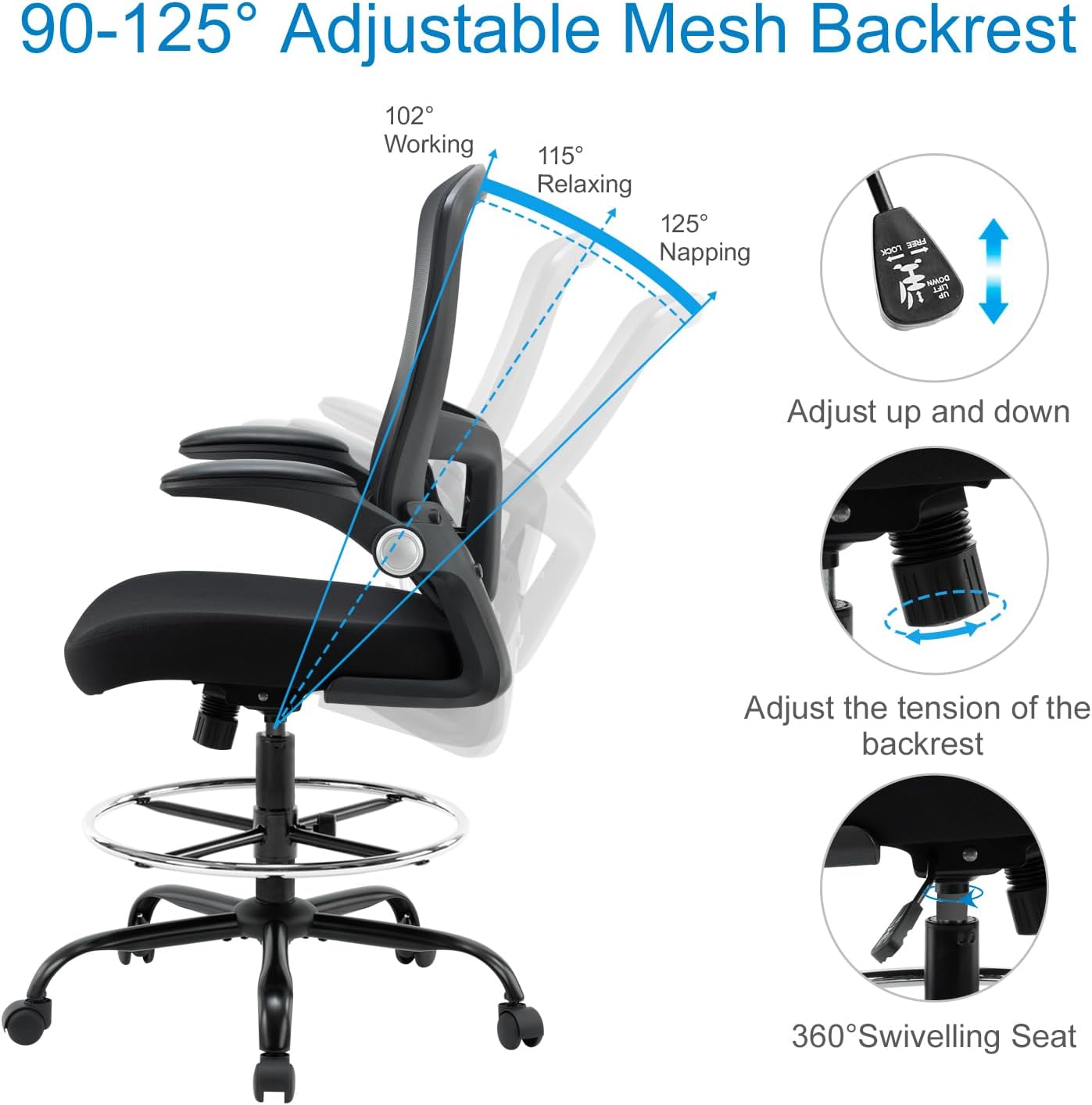 Drafting Chair,Tall Office Chair, Ergonomic Standing Desk Chair with Flip-up Armrests,Mid-Back Counter Height Computer Task Chair with Lumbar Support and Adjustable Footrest Ring,Black