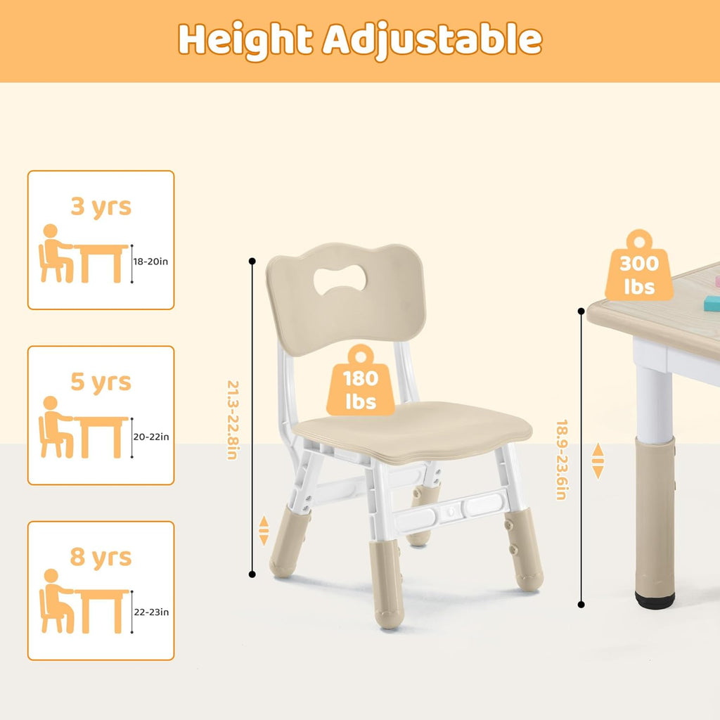 Height Adjustable Kids Table and Chairs Set (2 Chairs) for Ages 2-8 | Non-Slip Toddler Activity Table with Wipe-Clean Desktop, Montessori Learning & Art Drawing Desk for Home Preschool Classroom