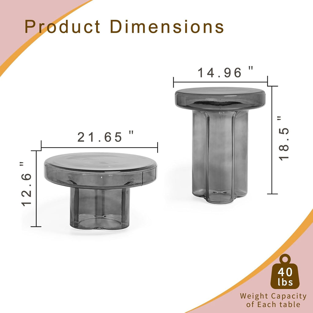 Storm Glass Side Table for Living Room, Round End Table with Tempered Glass Top (Grey, 14.96)