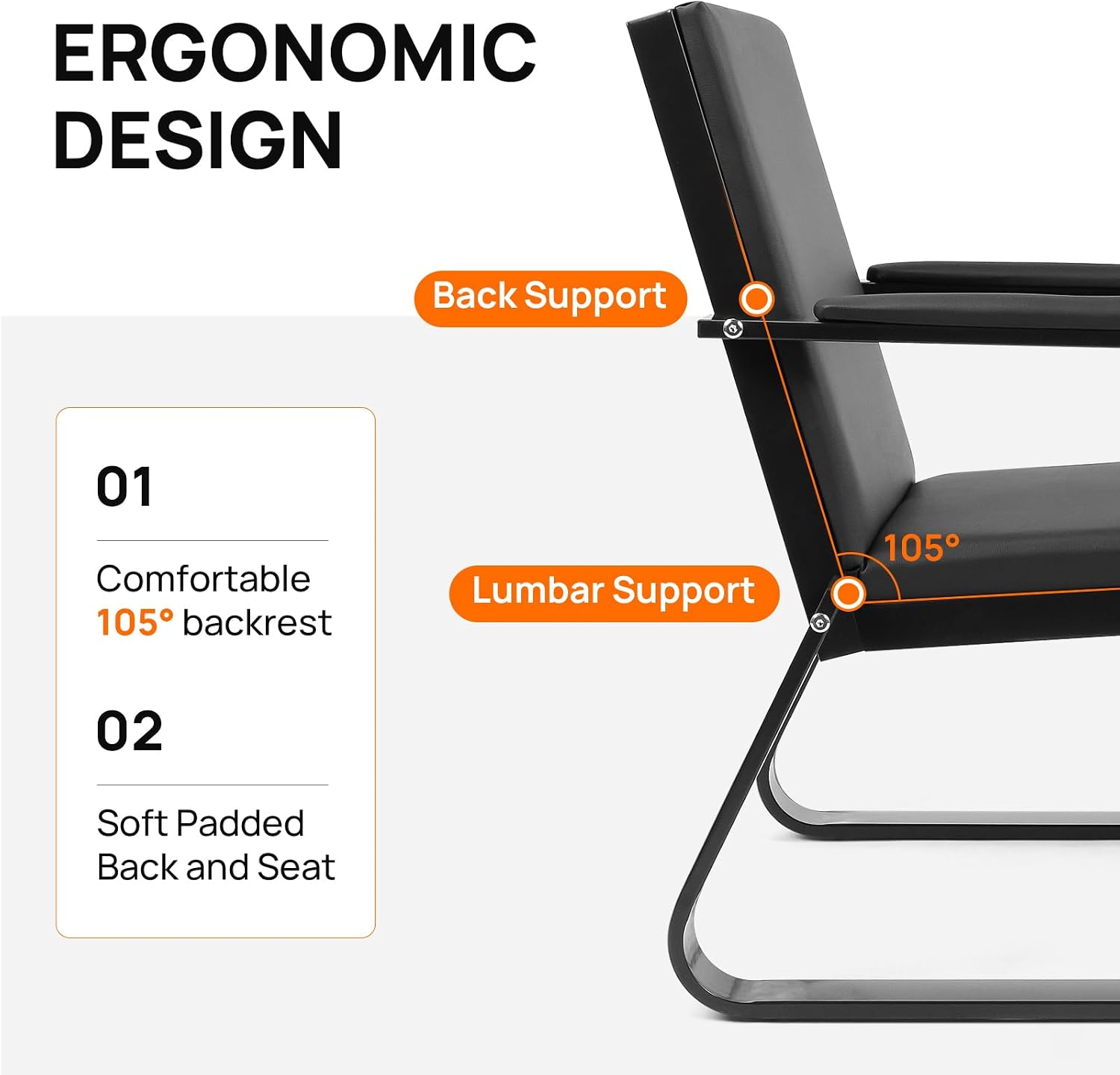 Waiting Room Chair with Armrest, PU Leather Office Furniture, Lobby Conference Reception Chair, Office Guest Seating for Clinic,Airport,Hospital,Barber,Salon,Bank (Black, 1-Seat)
