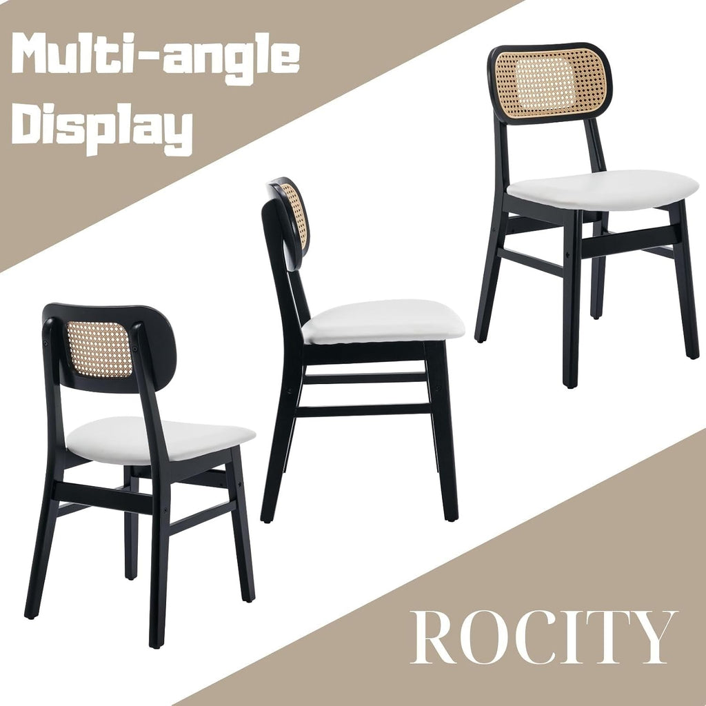 ROCITY Rattan Dining Chairs Set of 6 Black Wooden Dining Room Chairs White Faux Leather Kitchen Chairs with Back Farmhouse Side Chairs, Natural Wood