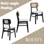ROCITY Rattan Dining Chairs Set of 6 Black Wooden Dining Room Chairs White Faux Leather Kitchen Chairs with Back Farmhouse Side Chairs, Natural Wood