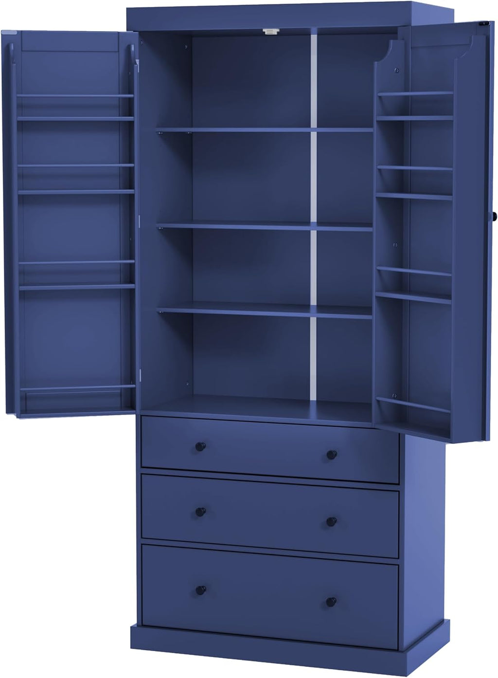 77inch Farmhouse Kitchen Pantry, Freestanding Tall Cupboard Storage Cabinet with 3 Adjustable Shelves, 8 Door Shelves, 3 Drawers for Kitchen, Dining Room, Blue