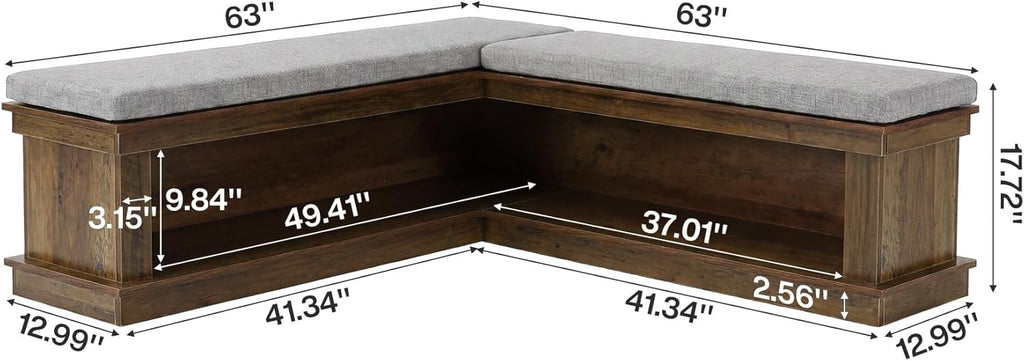 Tribesigns L-Shaped Storage Bench with Cushion, 63" Farmhouse Wooden Corner Entryway Shoe Bench with Open Shelves, L-Shaped Kitchen Nook Seating for Living Room, Hallway, Rustic Brown & Beige