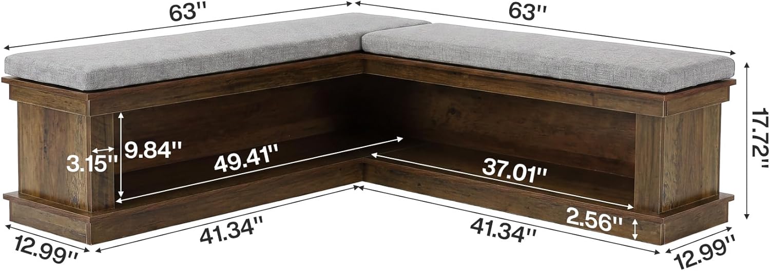Tribesigns L-Shaped Storage Bench with Cushion, 63" Farmhouse Wooden Corner Entryway Shoe Bench with Open Shelves, L-Shaped Kitchen Nook Seating for Living Room, Hallway, Rustic Brown & Beige