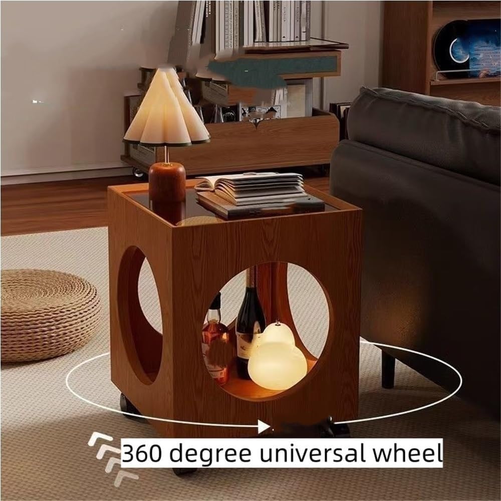 Vintage Rolling Side Table with Glass Top Wood Square Coffee Table on Wheels Mobile End Table for Living Room Sofa Corner Home Furnishing(Black)