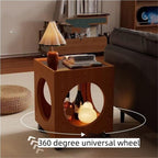 Vintage Rolling Side Table with Glass Top Wood Square Coffee Table on Wheels Mobile End Table for Living Room Sofa Corner Home Furnishing(Black)