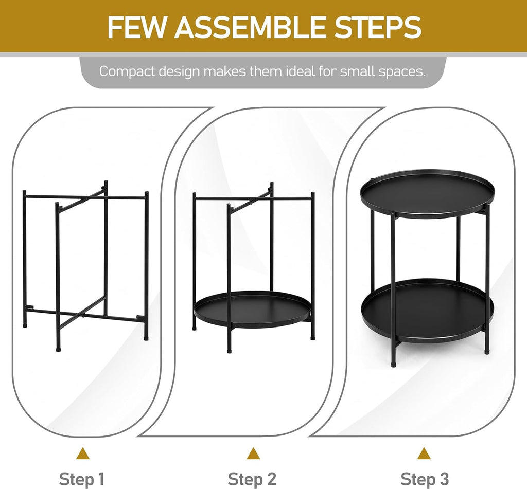 2 Tier End Table Metal Side Table Waterproof Small Sofa Coffee Side Tables Bedroom Indoor Outdoor for Living Room Bedroom Balcony and Office
