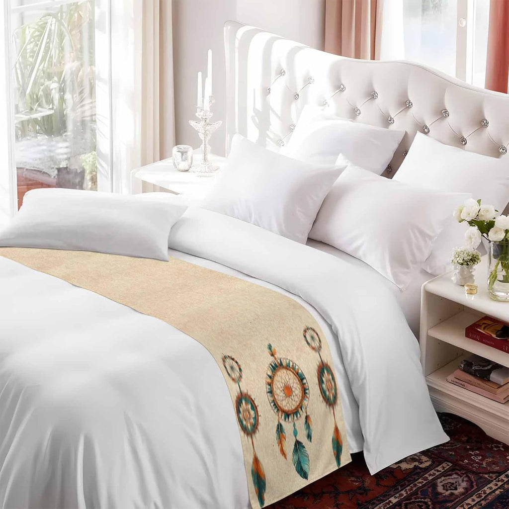 Yukro Retro Feather Bed Runner Scarf, Native American Indian Ethnic Tribe Aztec King Bed Scarf Runner, No Fading Decorative Bedding Scarf for Bedroom Hotels Homes and Guestrooms