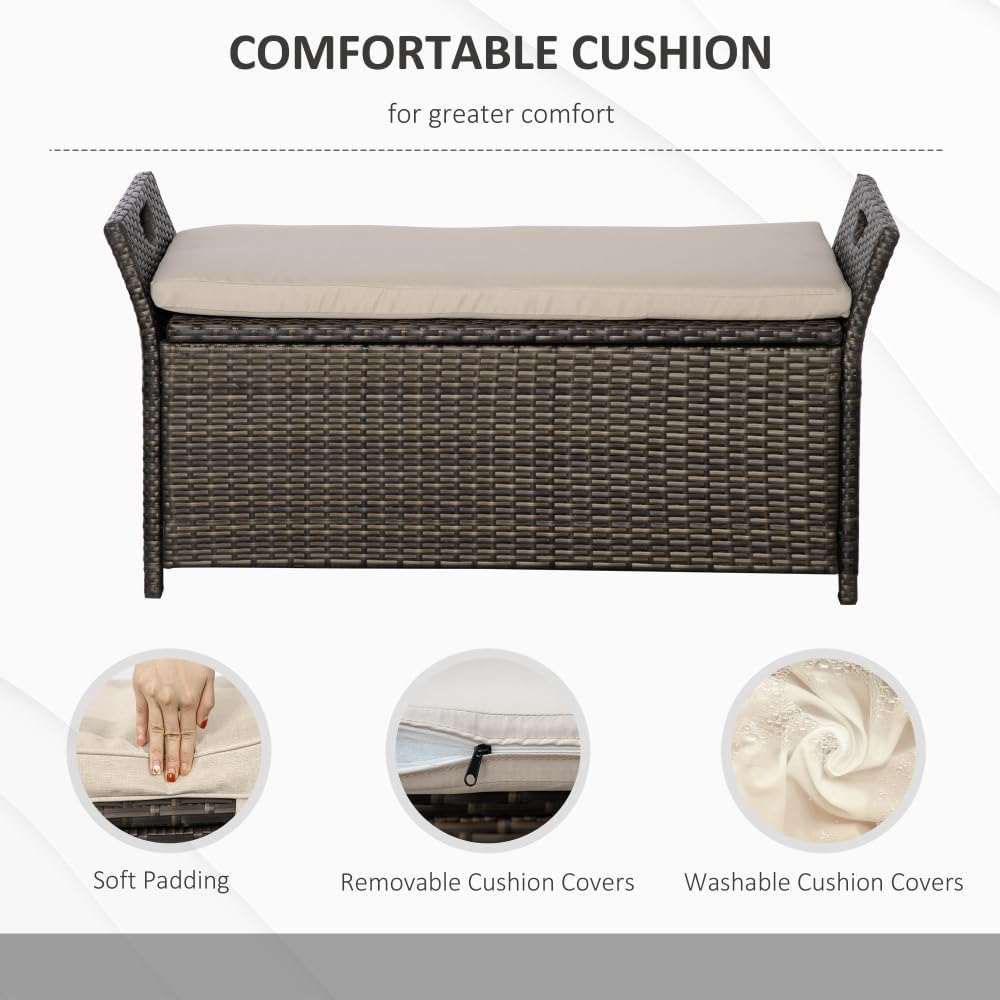 27 Gallon Patio Wicker Storage Bench with Cushion, 2-in-1 Garden Storage Box Deck Box with Handles