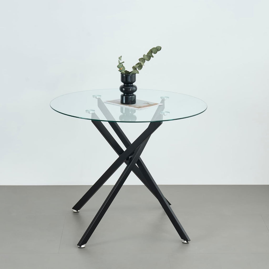 36" Round Dining Table for 4, Modern Clear Glass Kitchen Table for 4 with Black X Metal Legs, Contemporary Small Circle Dining Room Leisure Tables for Kitchen Apartment