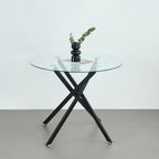 36" Round Dining Table for 4, Modern Clear Glass Kitchen Table for 4 with Black X Metal Legs, Contemporary Small Circle Dining Room Leisure Tables for Kitchen Apartment