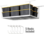 SafeRacks 4 ft x 8 ft Overhead Storage Rack Adjustable 24 in - 45in Height (White) With Accessory Pack With 5-Piece Hook Accessory Pack