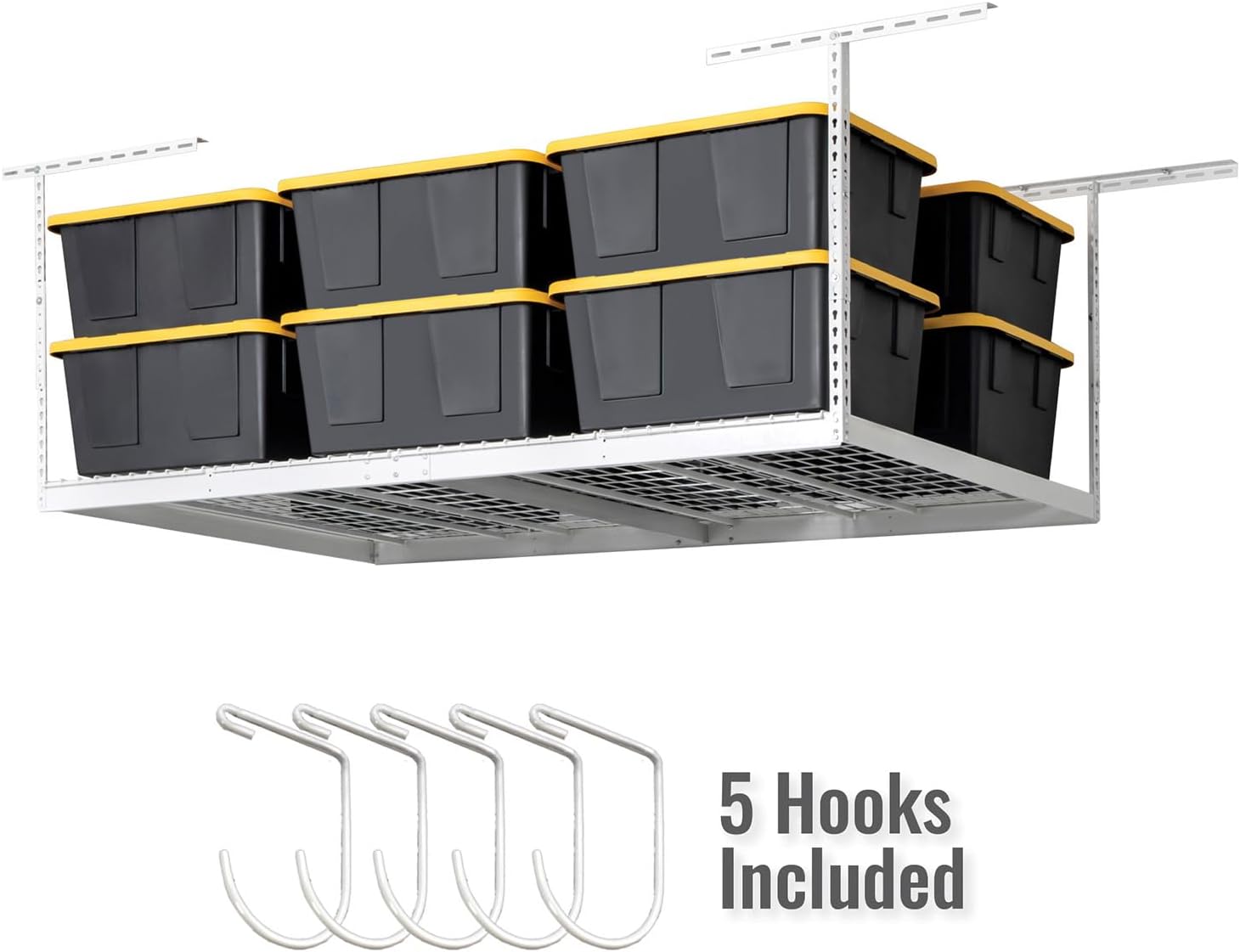 SafeRacks 4 ft x 8 ft Overhead Storage Rack Adjustable 24 in - 45in Height (White) With Accessory Pack With 5-Piece Hook Accessory Pack