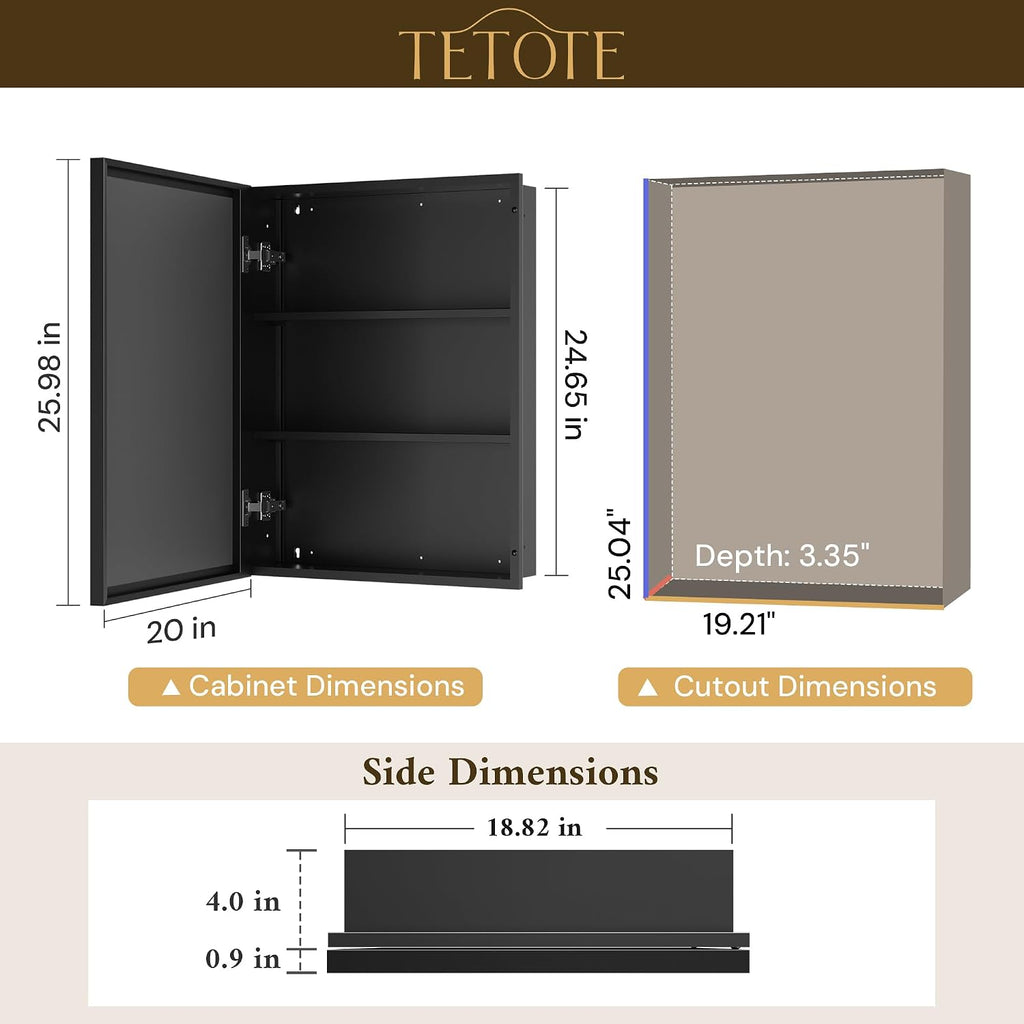 TETOTE 20" x 26" Medicine Cabinet Storage with Mirror Black Bathroom Medicine Cabinet with Beveled Aluminum Frame Surface Wall-Mounted or Recessed, Shelves Adjustable