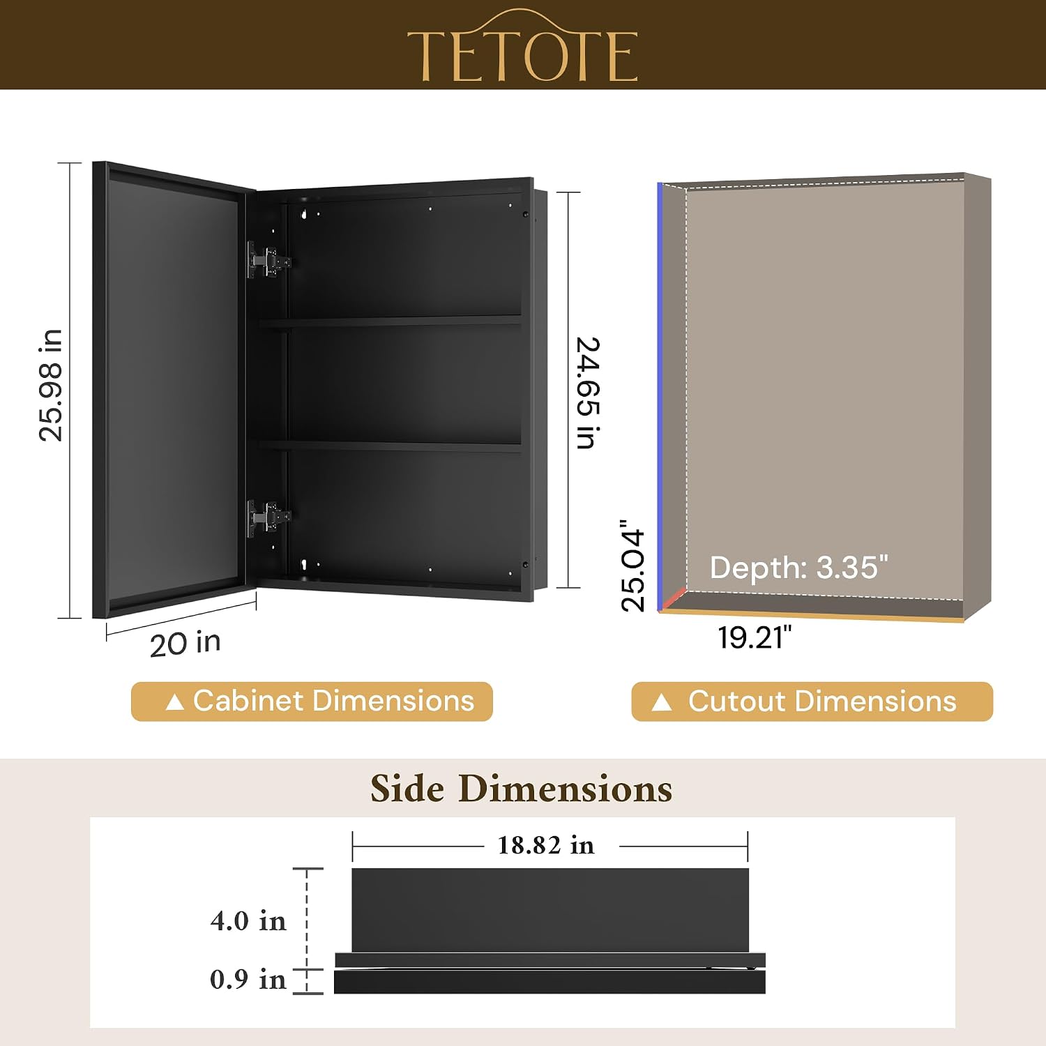 TETOTE 20" x 26" Medicine Cabinet Storage with Mirror Black Bathroom Medicine Cabinet with Beveled Aluminum Frame Surface Wall-Mounted or Recessed, Shelves Adjustable