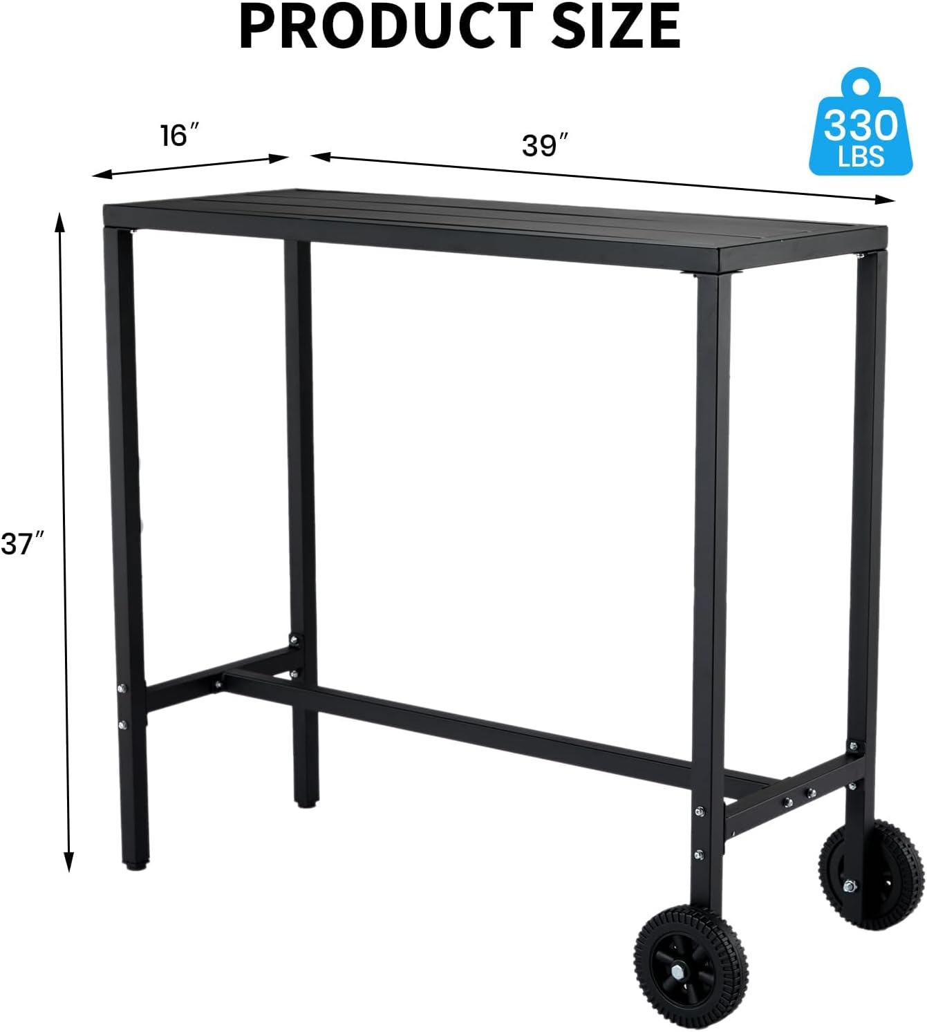 PeakPursuit 39x16 in Rectangle Outdoor Bar Table, 37" Counter Height Patio Pub Table with 2 Wheels, Waterproof Top & Adjustable Feet for Balcony, Yard, Hot Tub, Poolside, Indoor