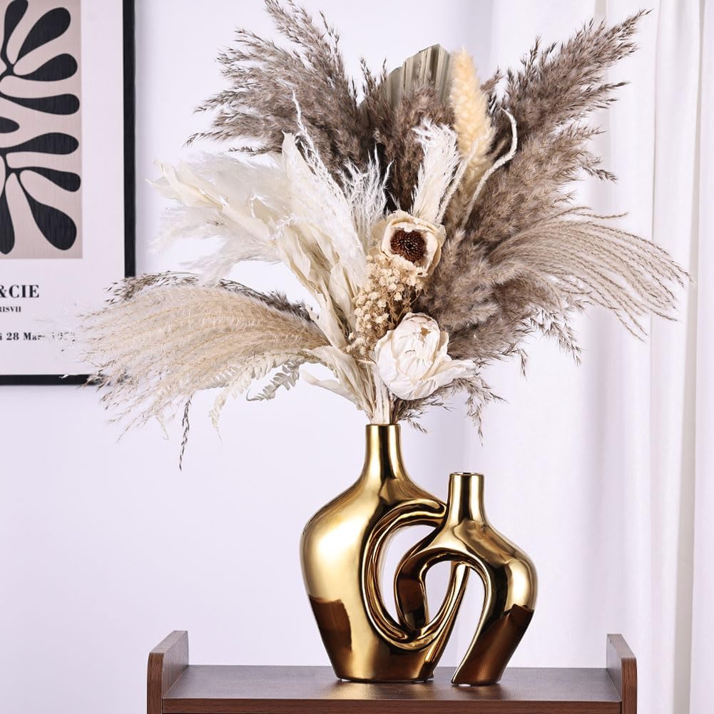 Gold Hollow Ceramic Vases Set of 2 - Modern Nordic Boho ins Style Decor Vases, Pampas Grass Flower Vases for Wedding, Living Room, Office, Entrance, Dining Table Decor Centerpieces