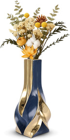 10.6" Blue and Gold Ceramic Vase, Modern Geometric Flower Vase for Dining Table Centerpiece, Elegant Decorative Vase for Pampas Grass, Living Room, Bedroom, Office, Tabletop Decoration