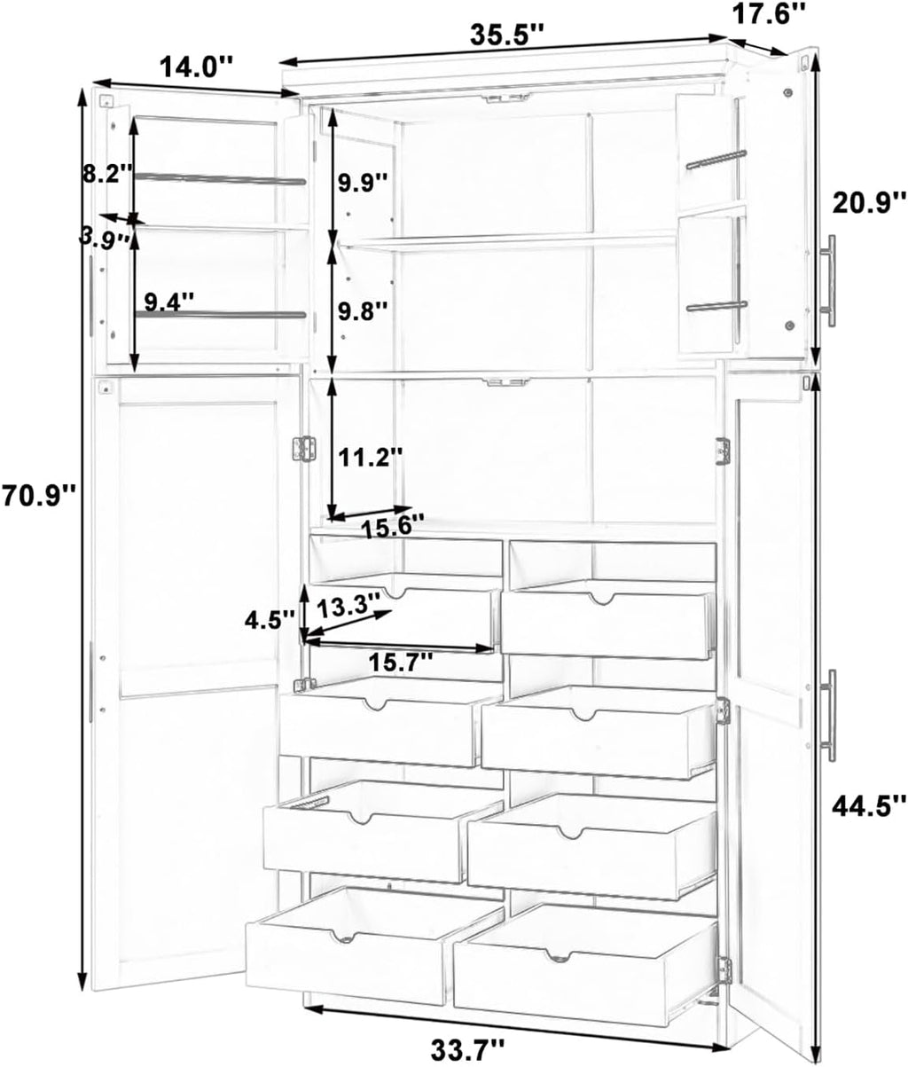 Freestanding Kitchen Pantry Cabinet, Tall Larder Cupboard Storage Cabinet with 4 Doors, 2 Door Shelves, 8 Pull-Out Trays and Adjustable Shelf for Dining Room
