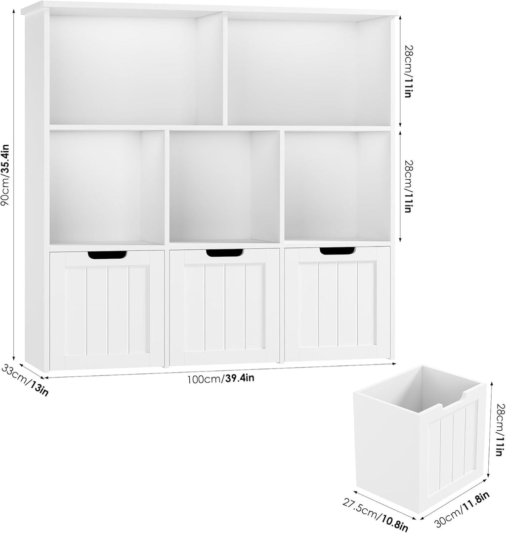 FOTOSOK Toy Storage Organizer with 3 Movable Drawers, Toy Organizer with Hidden Wheels and 5 Open Cubbies, Stuffed Animal Storage Organizer, Multifunctional Toy Chest for Playroom, White