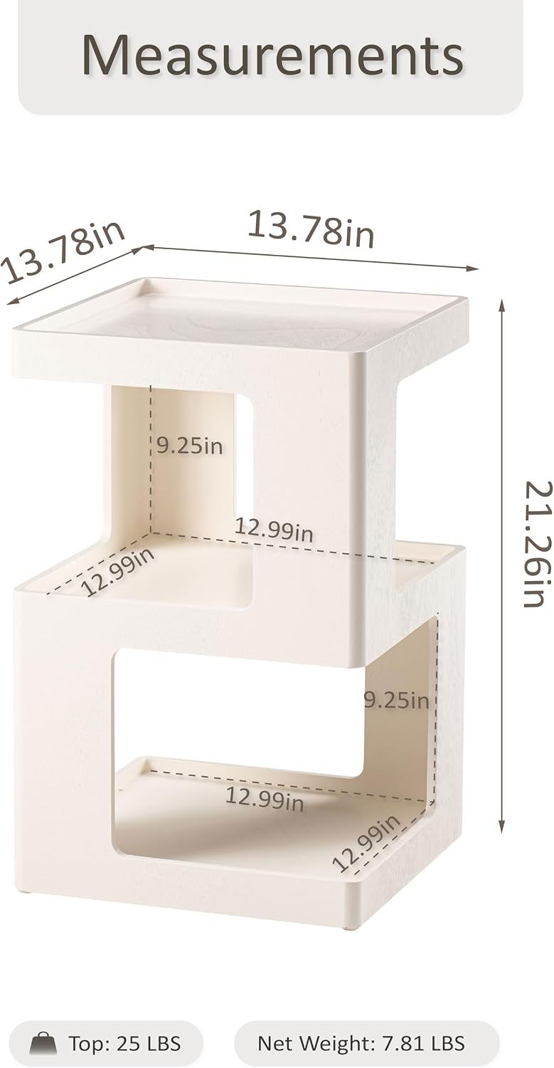 COZAYH Farmhouse Geometric Wood End Table, Distressed Accent Side Table with Two Storage Space, 3-Layer Cube Design for Bedroom, Living Room, Entryway, White