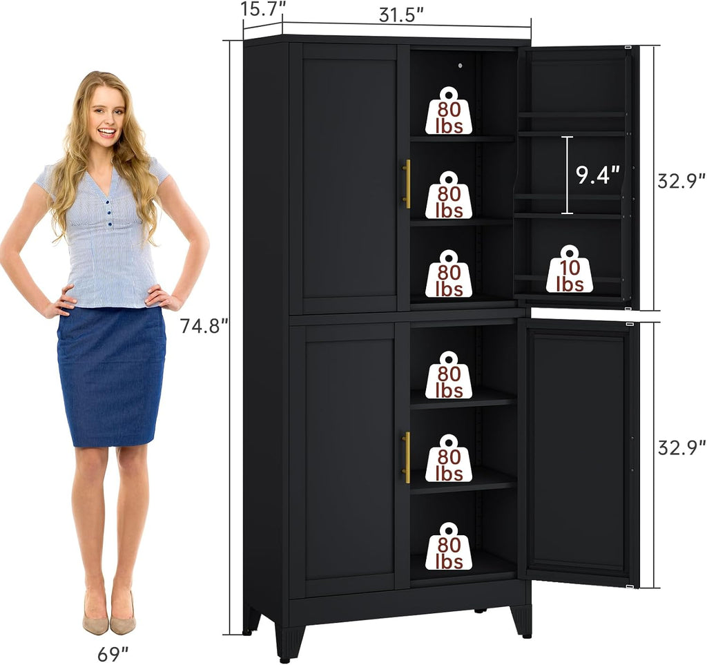 PAOFIN 75" H Metal Storage Cabinet, Pantry with 6 Door Shelves and 4 Adjustable Shelves, Leveling Foot for Kitchen, Living Room and Dinning Room, Black