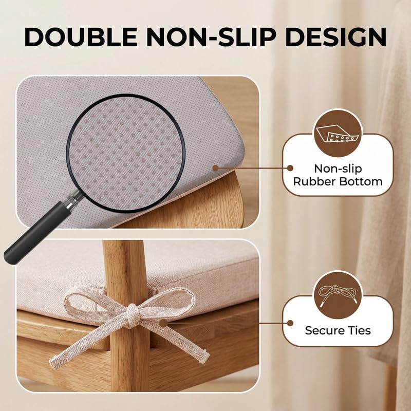 Chair Cushions Set of 4, D-Shaped Seat Cushion for Chair, Non Slip Chair Pads with Ties, 18" x 16" x 2", 40D Foam, Removable Washable Cover, Seat Cushions for Kitchen Chairs, Beige