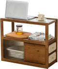 latifolia Bamboo Side Table with Rattan Drawer and Glass Top, Mid-Century Modern Nightstand with Storage, Space-Saving End Table for Bedroom, Living Room, Walnut
