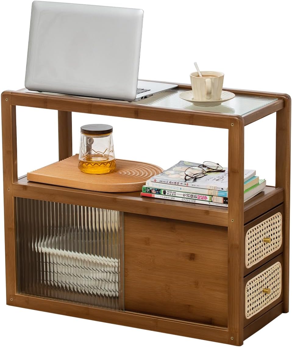 latifolia Bamboo Side Table with Rattan Drawer and Glass Top, Mid-Century Modern Nightstand with Storage, Space-Saving End Table for Bedroom, Living Room, Walnut