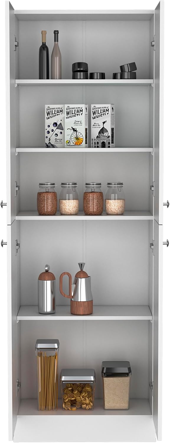 Modern Kitchen Pantry, Storage Cabinet with 4 Doors and 5 Adjustable Shelves, White, Engineered Wood, for Dining Room, Easy to Clean