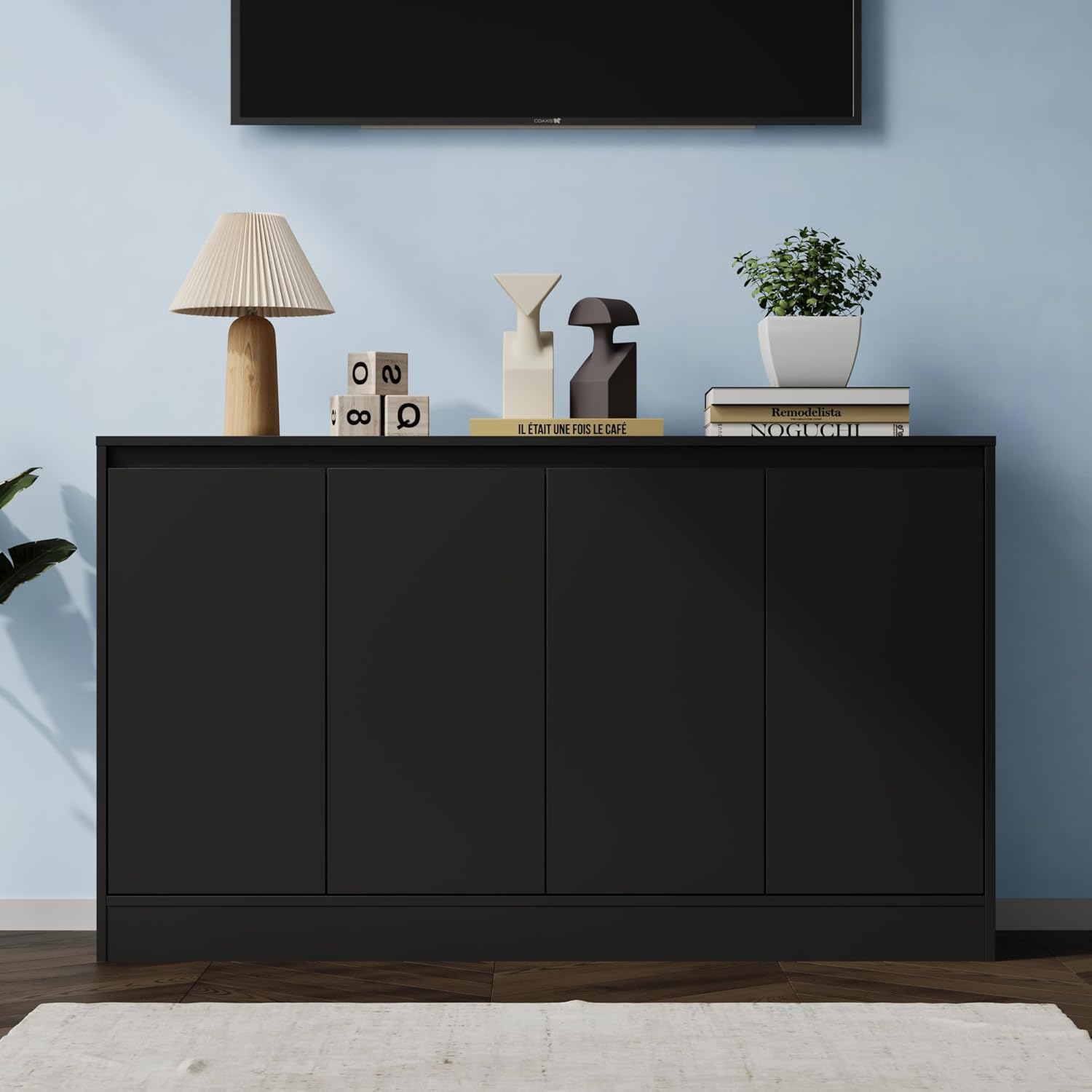 Housoul Buffet Cabinet with Storage, Coffee Bar Cabinet with 4 Doors and Adjustable Shelf, Modern Kitchen Buffet Sideboard for Kitchen, Black